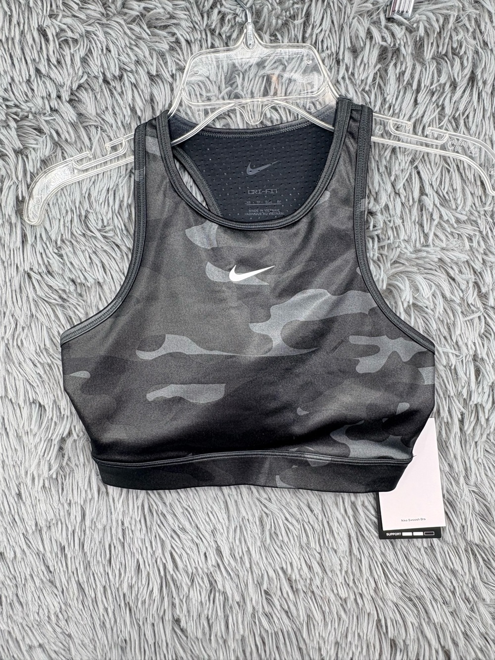 Nike Dri Fit Swoosh High Neck Camo Sports Bra Womens XS Black Gray NWT